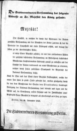 Die Stadtverordneten=Versammlung hat folgende Adresse an S[ein]e Majestät den König gesandt: [...] (Sammlung Friedlaender)