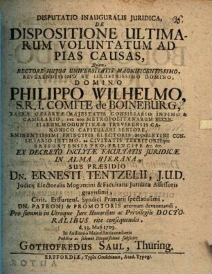 Disputatio inauguralis juridica, de dispositione ultimarum voluntatum ad pias causas
