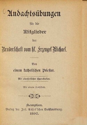 Andachtsübungen für die Mitglieder der Bruderschaft vom hl. Erzengel Michael