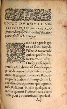 Edict du roy Charles IX., faict sur les moyens pour appaiser les troubles survenus pour le faict de la religion