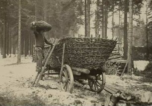 Gespannwagen mit Korbmulde : Holzkohlenmeierei im Erzgebirge. Gespannwagen mit Korbmulde. Winteraufnahme