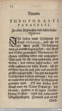 Vorrede THEOPHRASTI PARACELSI, Zu allen Alchimisten und Lesern dieses Büchleins.