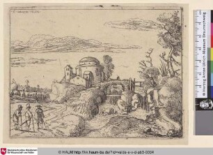 [Brücke über einen Wasserfall neben einem gewölbtem Kuppelbau; Bridge over a Waterfall next to a domed Rotunda]