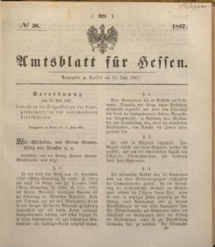 № 36. Ausgegeben zu Cassel am 21. Juni 1867.