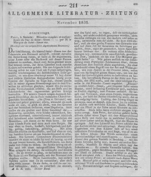 Saint-Simon, L. de R. de: Mémoires complets et authentiques du Duc de Saint-Simon. T. 1-21. Paris: Sautelet 1829-1830 (Beschluss der im vorigen Stück abgeschlossenen Recension.)