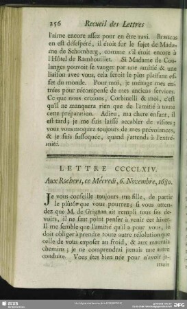 Lettre CCCCLXIV. Aux Rochers, ce Mécredi, 6. Novembre, 1680