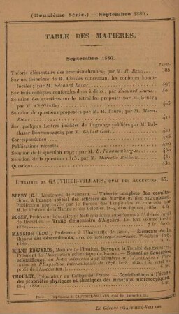 Table des matières. Septembre 1880.