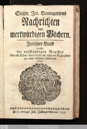 12.1758: Siegm. Jac. Baumgartens Nachrichten von merkwürdigen Büchern