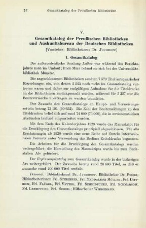 V. Gesamtkatalog der Preußischen Bibliotheken und Auskunftsbureau der Deutschen Bibliotheken