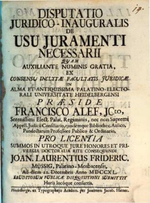 Disp. iur. inaug. de usu iuramenti necessarii