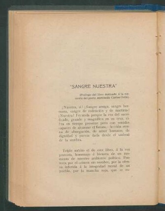 "Sangre nuestra" : (Prólogo del libro dedicado á la memoria del poeta asesinado Carlos Ortíz).