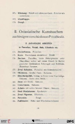 H. Japanische Arbeiten in Porzellan, Metall, Holz, Elfenbein etc. (Nr. 174-283)