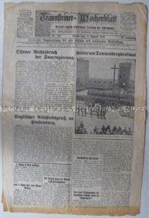 Regionale Wochenzeitung für den Chiemgau u.a. zur Beisetzung von Hindenburg und über die angespannte Lage im Saarland