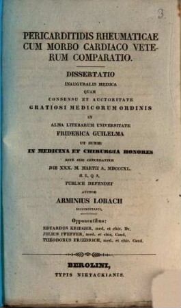 Pericarditidis rheumaticae cum morbo cardiaco veterum comparatio : dissertatio inauguralis medica