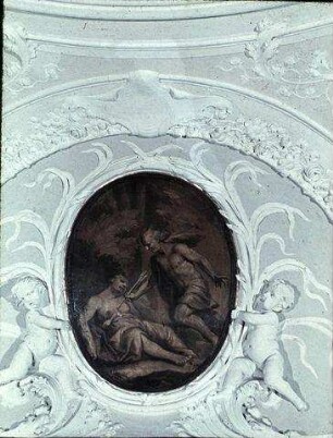 Von Pfeil getötete Nymphe und daneben knieende männliche Figur