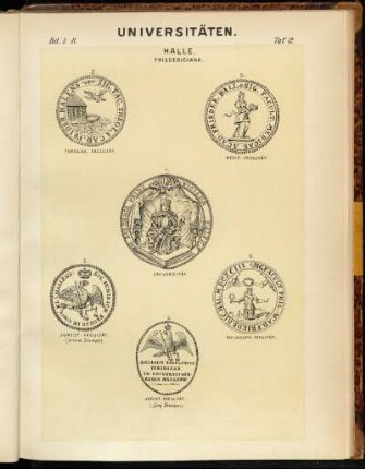 Taf. 12. Halle Friedericiana. 1. Universität. - 2. Theolog. Facultät. - 3. Jurist. Facultät (älterer Stempel) - 5. Jurist. Facultät (jüng. Stempel) - 5. Medic. Facultät. - 6. Philosoph. Facultät