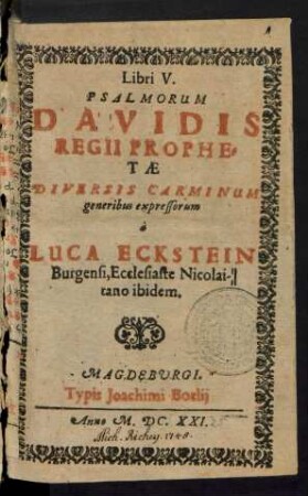 Libri V. Psalmorum Davidis Regii Prophetae