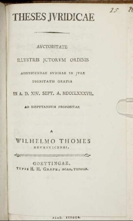 Theses Juridicae : Aucoritate Illustris Jctorum Ordinis Adipiscendae Summae In Jure Dignitatis Gratia In A. D. XIV. Sept. A. MDCCLXXXVII. Ad Disputandum Propositae