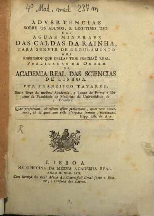 Advertencias sobre os abusos e legitomo uso das aguas minerals das caldas da Rainha