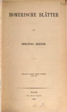 Homerische Blätter : Beilage zu dessen Carmina Homerica 1858, [1]