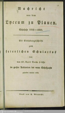 1834/35: Nachricht von dem Lyceum zu Plauen : Schuljahr ...