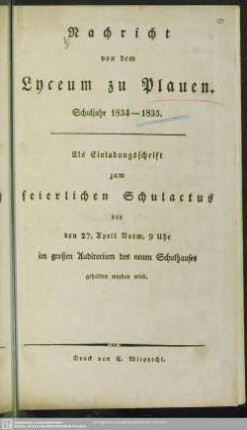 1834/35: Nachricht von dem Lyceum zu Plauen : Schuljahr ...