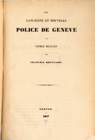 De l'ancienne et nouvelle police de Genéve