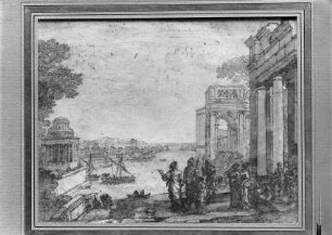 Hafenszene mit antiken Bauten und Staffagefiguren