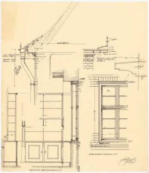 Einfamilienhaus mit Garten, Berlin (?): Details 1:10: Schnitt Gesims, Schnitt Bibliothek, Ansicht EG-Fensters, Ansicht Verzierung Regenrinne; Detail 1:1:Schnitt Hozgesims
