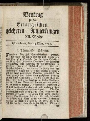 XII. Woche. Sonnabends, den 24. Merz. 1787.