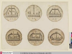 [Oben links:] Divius Augustus Pater; [oben Mitte:] SPQR Optimo Principi; [oben rechts:] SPQR Optimo Principi; [unten links:] M Aurelius Antonius Pius Brit; [unten Mitte:] Imp Caes M Aur Antonius; [unten rechts:] Imp Caes M Iulius Philippus