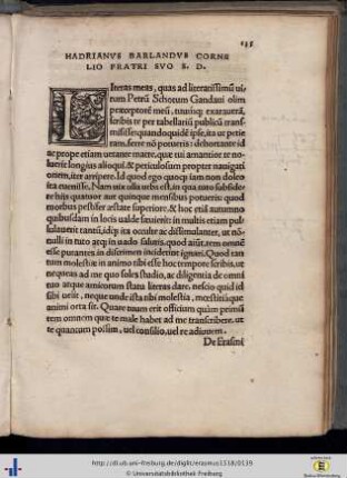 Hadrianus Barlandus Cornelio fratri, de lucubrationibus Erasmi.