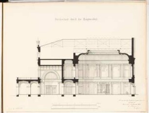 Bahnhof, Hannover Schinkelwettbewerb 1869: Querschnitt (in Höhe der Haupteingangshalle); 2 Maßstabsleisten (Fuß, Meter)