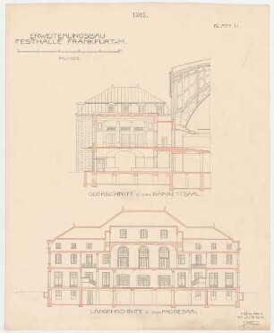 Thiersch, Friedrich von; Frankfurt / Main (Hessen); Festhalle - Bankettsaal (Querschnitt); Probesaal (Längsschnitt)