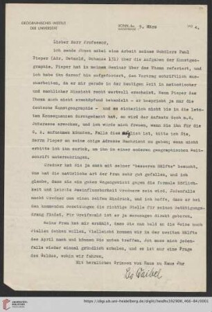 Nachlass Alfred Hettner, Eingegangene Briefe, Korrespondenz Leo Waibel/Alfred Hettner: Brief von Leo Waibel an Alfred Hettner