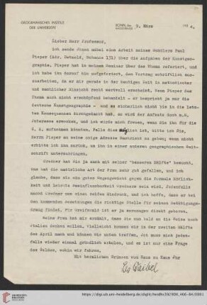 Nachlass Alfred Hettner, Eingegangene Briefe, Korrespondenz Leo Waibel/Alfred Hettner: Brief von Leo Waibel an Alfred Hettner
