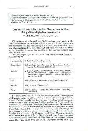 Der Anteil der schwäbischen Saurier am Aufbau der paläontologischen Kenntnisse [Bd. 96, 1940]