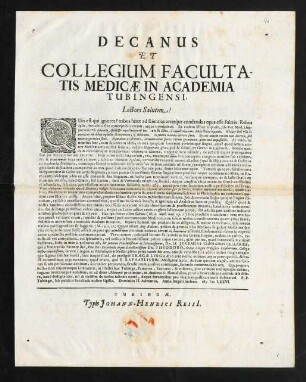 Decanus Et Collegium Facultatis Medicae In Academia Tubingensi, Lectori Salutem!
