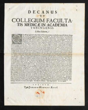 Decanus Et Collegium Facultatis Medicae In Academia Tubingensi, Lectori Salutem!