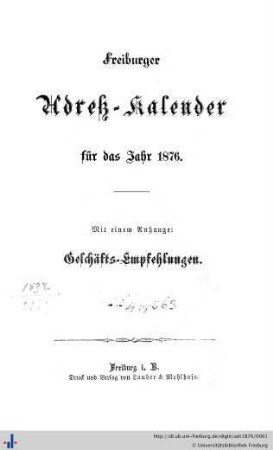 Freiburger Adreß-Kalender : für das Jahr 1876