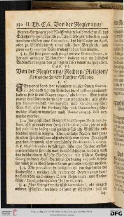 Cap. VI: Von der Regierung / Rechten / Religion / Kriegsmacht / Einkuenfften / Muentze