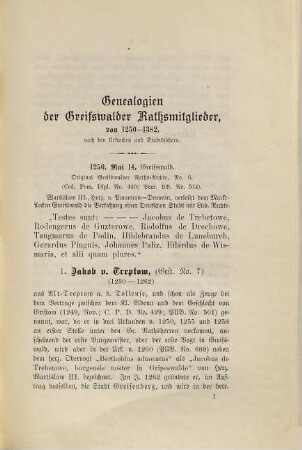 Pommersche Genealogien : nach urkundlichen Quellen und den Sammlungen von A. Balthasar, J. A. Dinnies und C. Gesterding, 4. Die Genealogien der Greifswalder Rathsmitglieder von 1250 - 1382