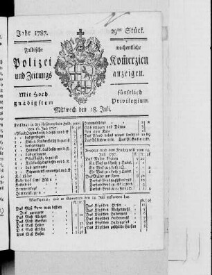 29tes Stück., Ausgabe vom 18. Juli 1787