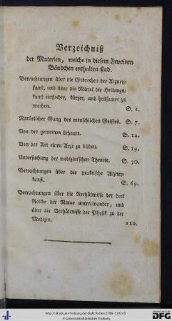Verzeichniß der Materien, welche in diesem Zweiten Bändchen enthalten sind.