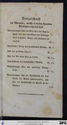 Verzeichniß der Materien, welche in diesem Zweiten Bändchen enthalten sind.