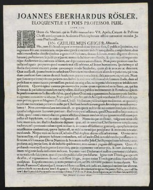 Joannes Eberhardus Rösler, Eloquentiae Et Poes. Professor Publ. Lect. Sal.