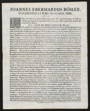 Joannes Eberhardus Rösler, Eloquentiae Et Poes. Professor Publ. Lect. Sal.