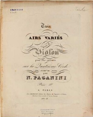 Trois airs variés : pour le violon pour être exécutés sur la 4. corde ; avec accomt. de piano
