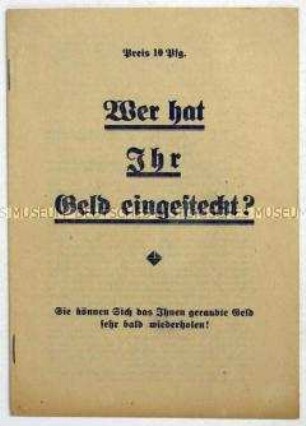 Finanzpolitische Propagandasschrift der Volksrecht-Partei in Form eines fiktiven Dialogs zwischen "Michel" und einem Propagandisten der Partei