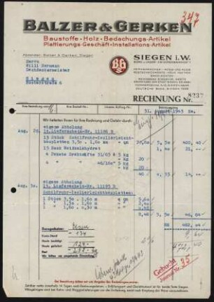 Firmenbriefkopf Balzer & Gerken, Baustoffe, Holz , Bedachungs - Artikel, Plattierungs -Geschäft, Installations - Artikel